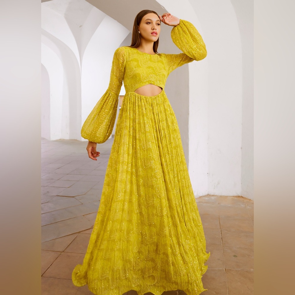 Elegant Yellow Long Sleeve Cutout Maxi Dress